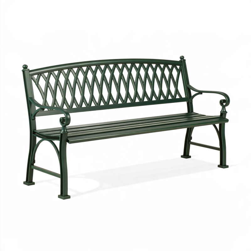 Gartenbank 150 x 62 x 88 cm aus Metall Dunkelgrün mit dekorativer Rückenlehne