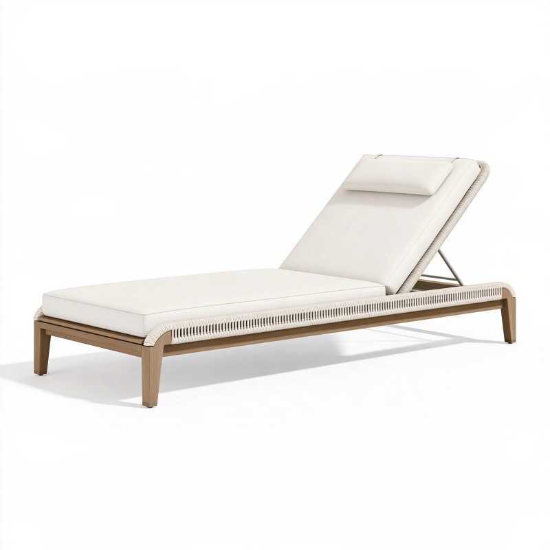 Gartenliege 200 x 75 x 90 cm in Beige mit Holzgestell und Geflecht verstellbar