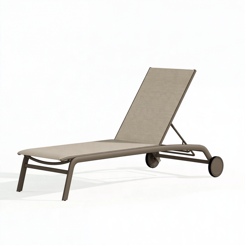 Sonnenliege 200 x 70 x 35 cm aus Metall und Textilgewebe in Taupe mit Rollen und verstellbarer Rückenlehne