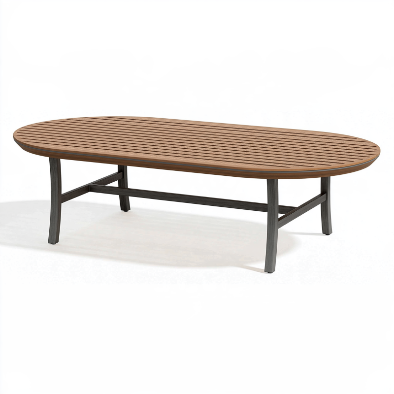 Ovaler Gartentisch 220 x 100 cm Holz und Metall Braun-Schwarz mit Lattenplatte