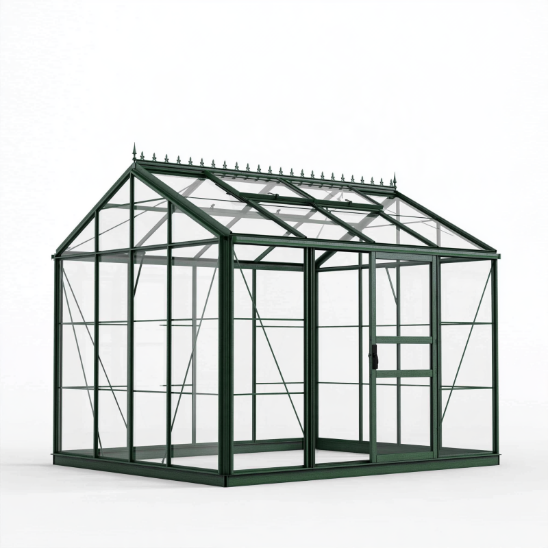 Gewächshaus 250 x 190 x 220 cm aus Metall und Glas in Dunkelgrün mit Schiebetür