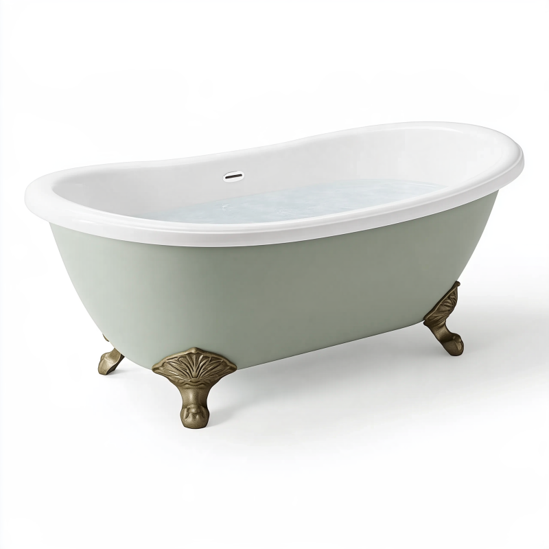 Freistehende Badewanne 170 x 75 x 68 cm aus Acryl in Hellgrün Weiß mit Metallfüßen im Vintage-Stil